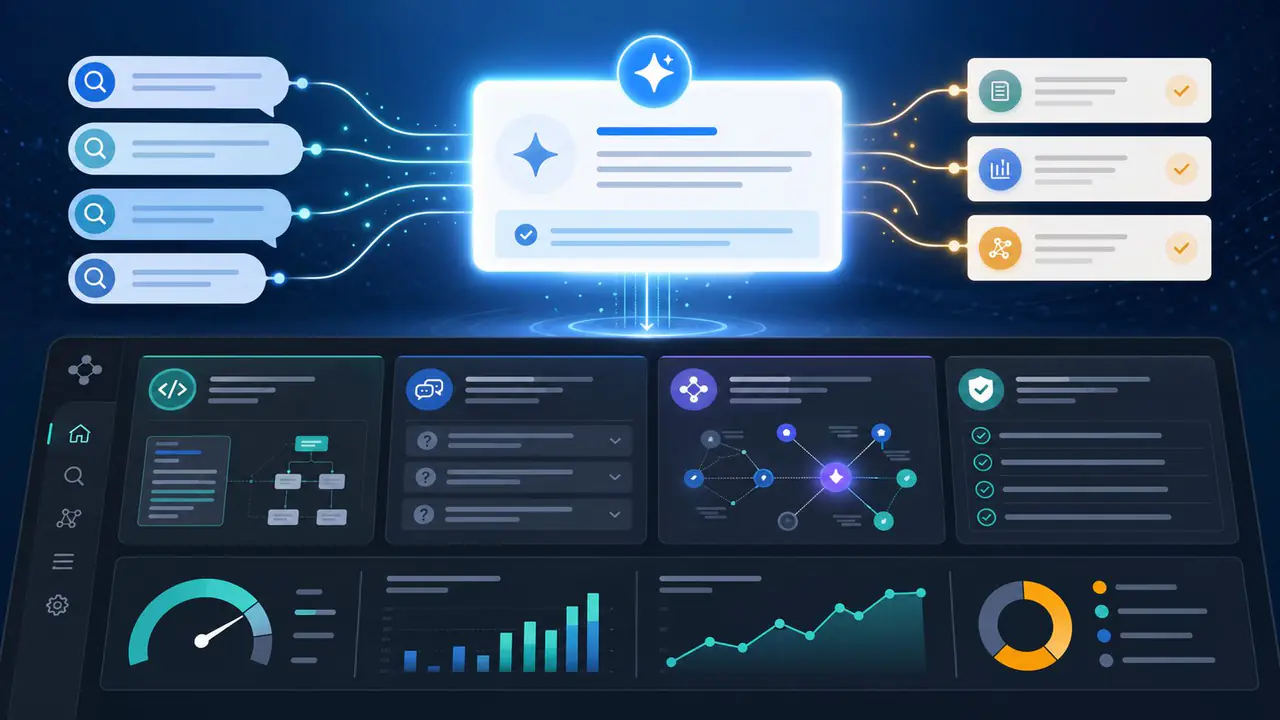 Abstract AI answer engine dashboard showing customer questions connected to verified business pages and VisRank AEO readiness signals