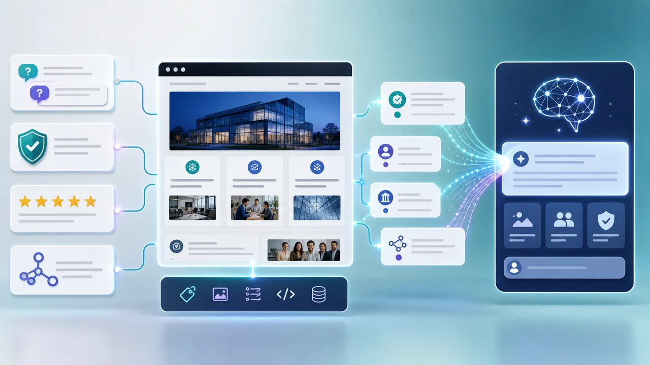 Business website connected to customer questions, verified source cards, structured data, reviews, and answer engine signals