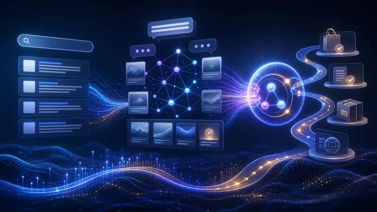 Search results flowing through cited content nodes into AI agents and completed digital tasks