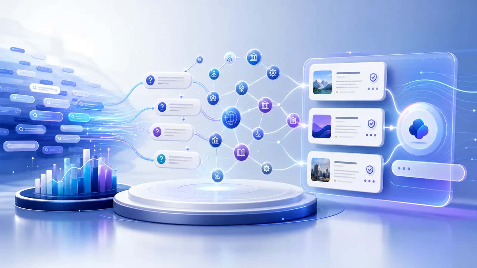 AEO keyword research flow from search queries and demand data to connected questions, entities, and verified answer cards