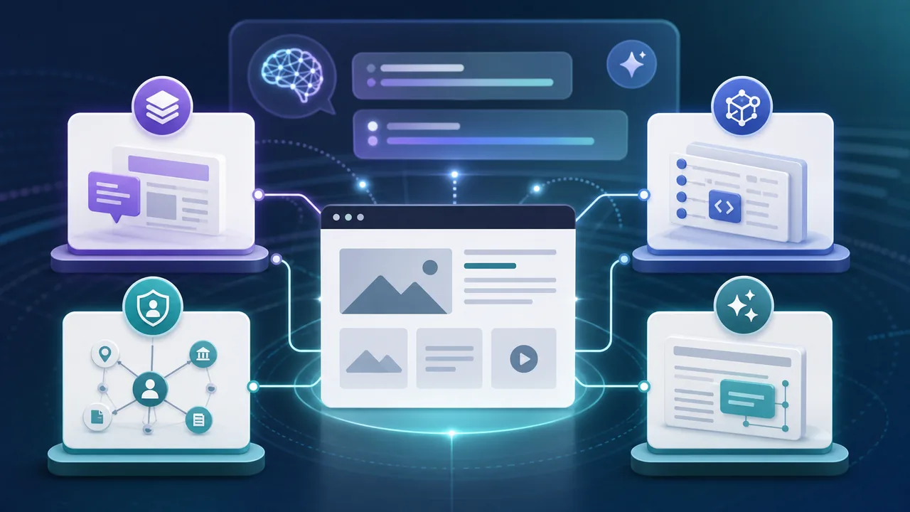 Four AEO signal pillars around a website for answer structure, entity proof, schema, and AI citation readiness