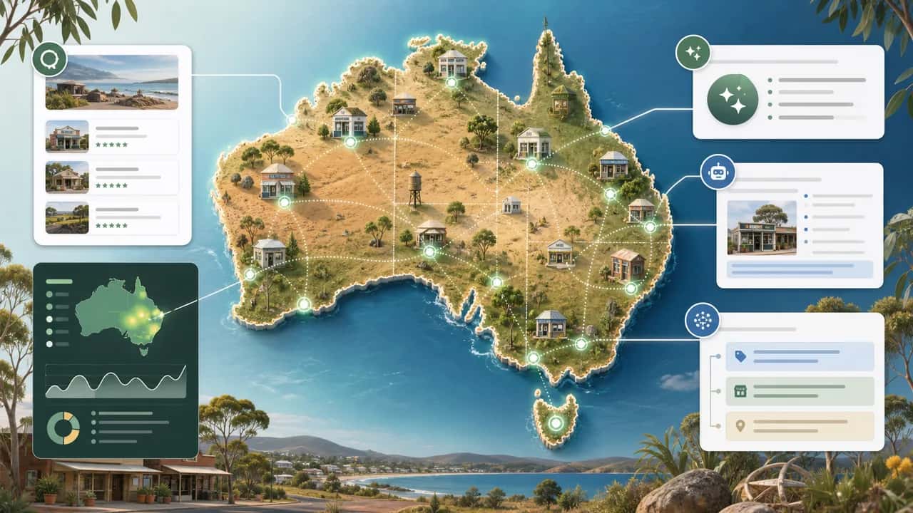 Stylized Australia regional SEO map with local business nodes, schema cards, and AI answer signals