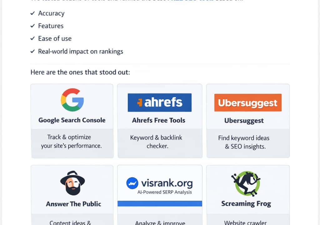 Collection of free SEO tools icons and dashboards used for site audits, keyword research, and rank tracking in 2026