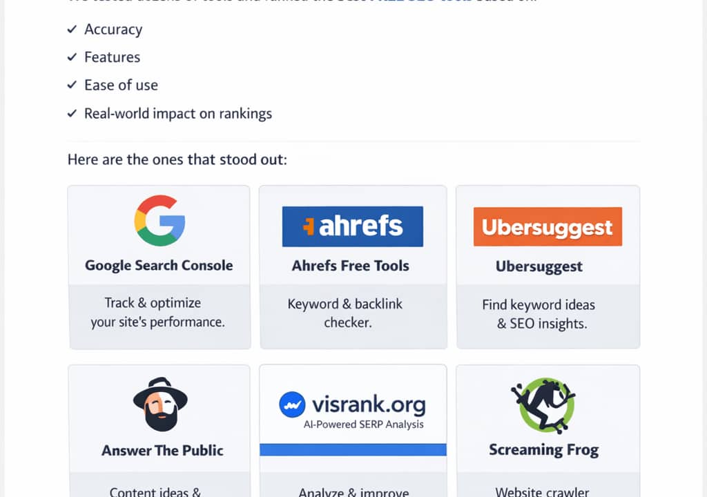 Collection of free SEO tools icons and dashboards used for site audits, keyword research, and rank tracking in 2026