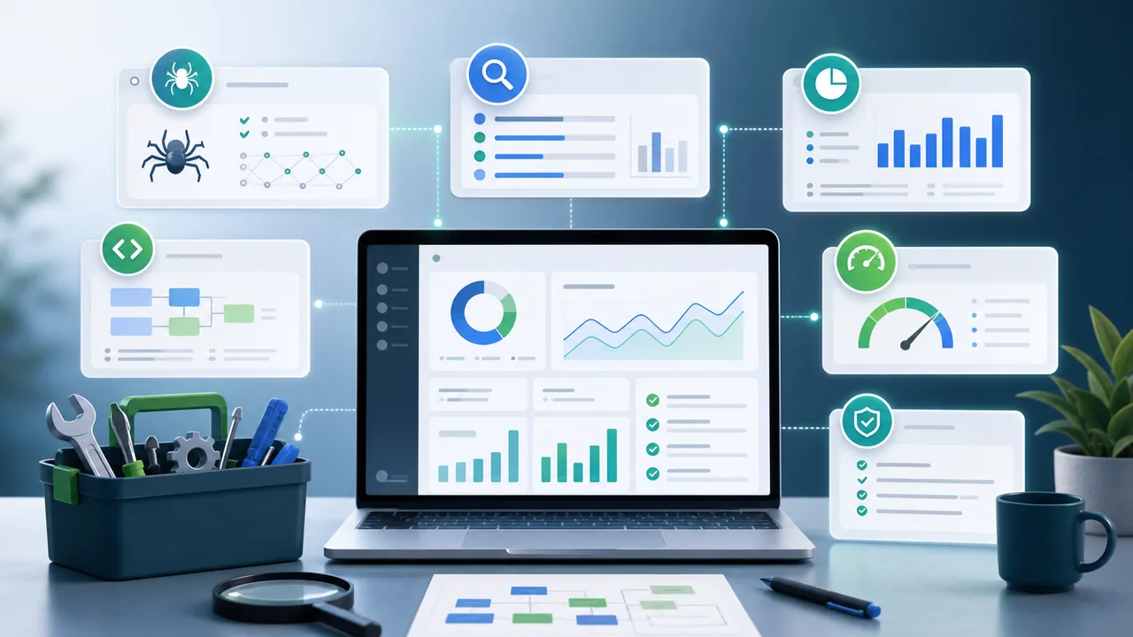 Curated SEO toolkit scene with generic panels for crawling, analytics, structured data, speed, and site audits