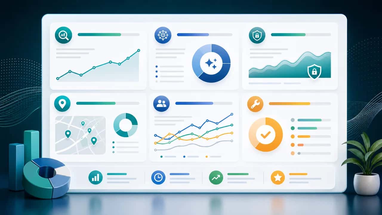 Client SEO scorecard dashboard with SEO, AEO, security, local visibility, competitor, and progress modules
