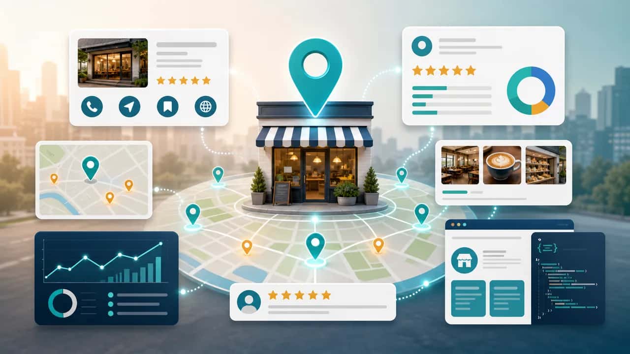 Local business SEO dashboard with storefront, map pins, review cards, business details, and website entity signals