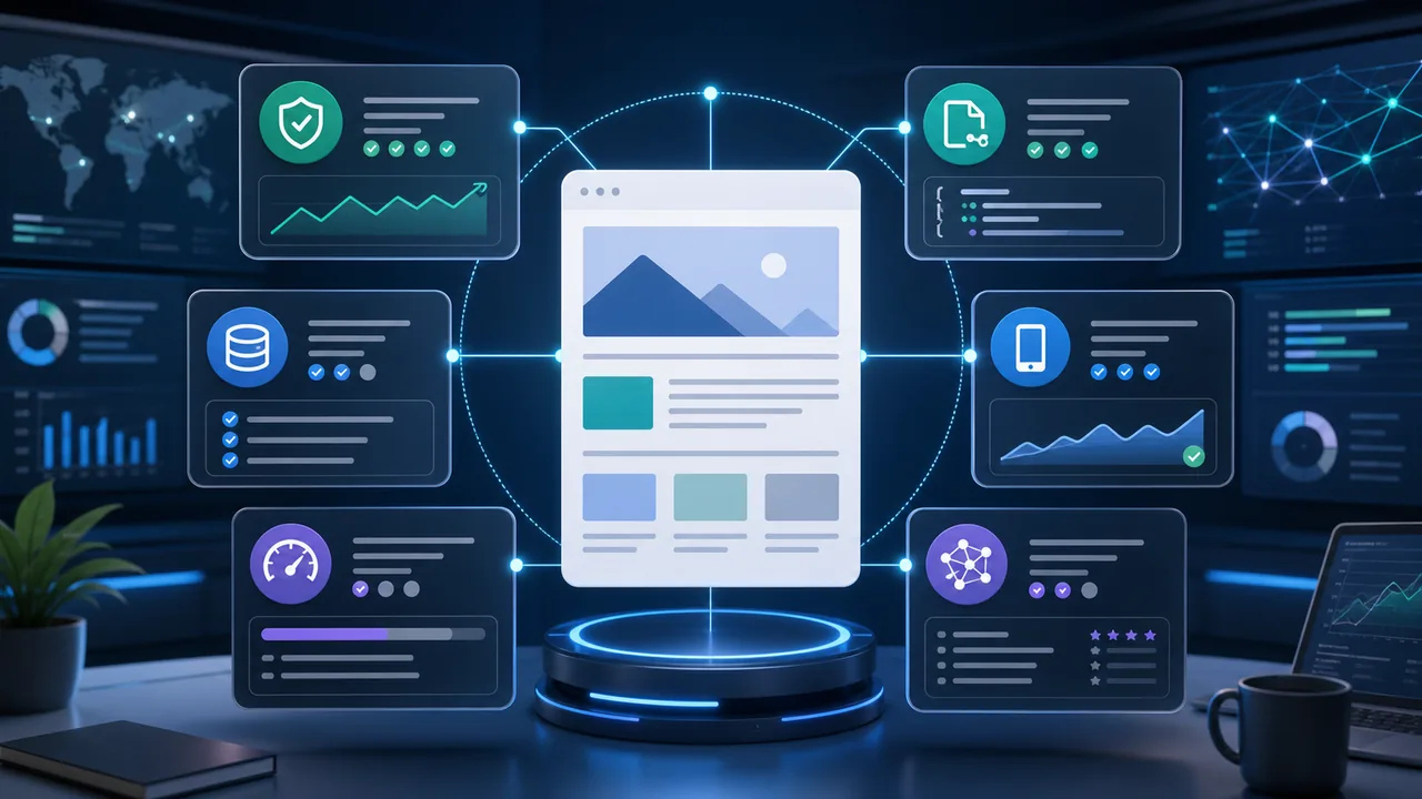Modern SEO audit control room with technical health, content quality, schema, page experience, and AI readiness signals