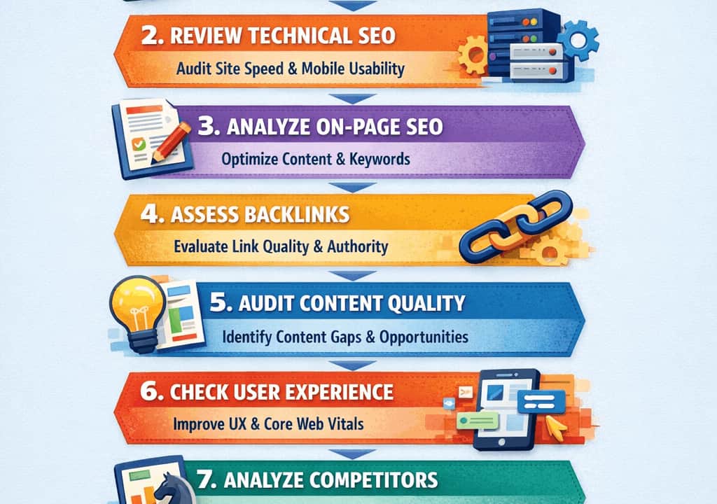 Step-by-step SEO audit checklist showing on-page, technical, and content checks for a website in 2026