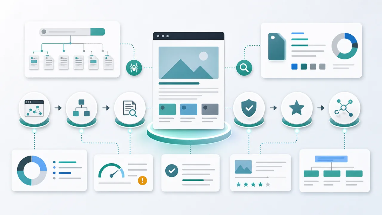 Step-by-step SEO audit workspace with website pages, crawl paths, metadata cards, content checks, and schema nodes
