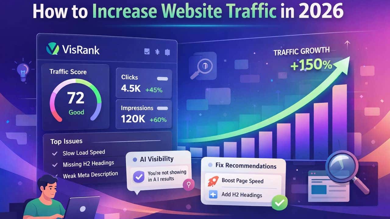 VisRank dashboard showing traffic score, clicks, impressions, SEO issues, AI visibility, and traffic growth recommendations