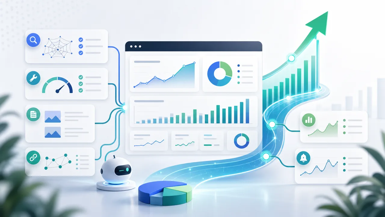 SEO growth dashboard with technical fixes, content opportunities, internal links, and a rising organic traffic path