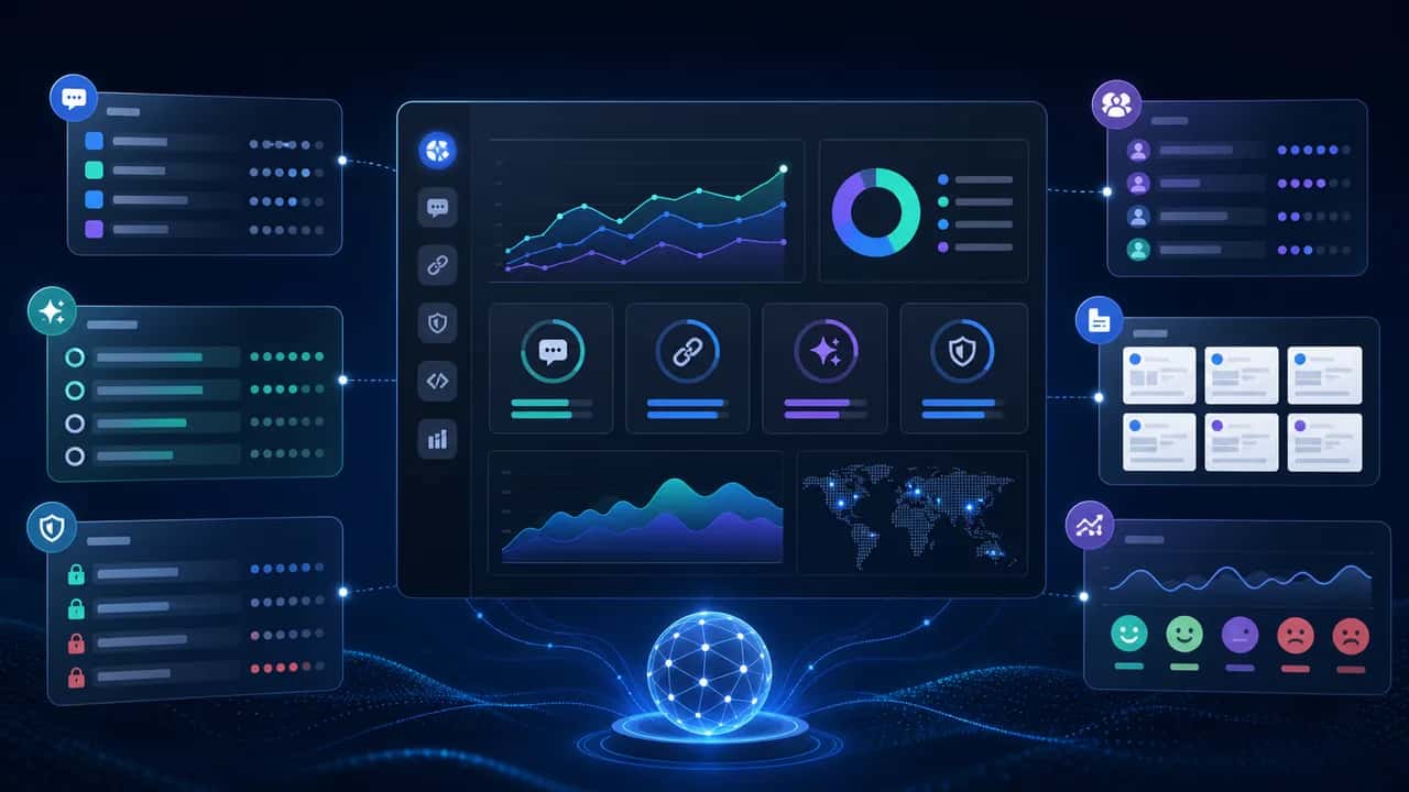 LLM visibility monitoring dashboard with prompt groups, AI mentions, citation cards, competitor presence, and trend panels