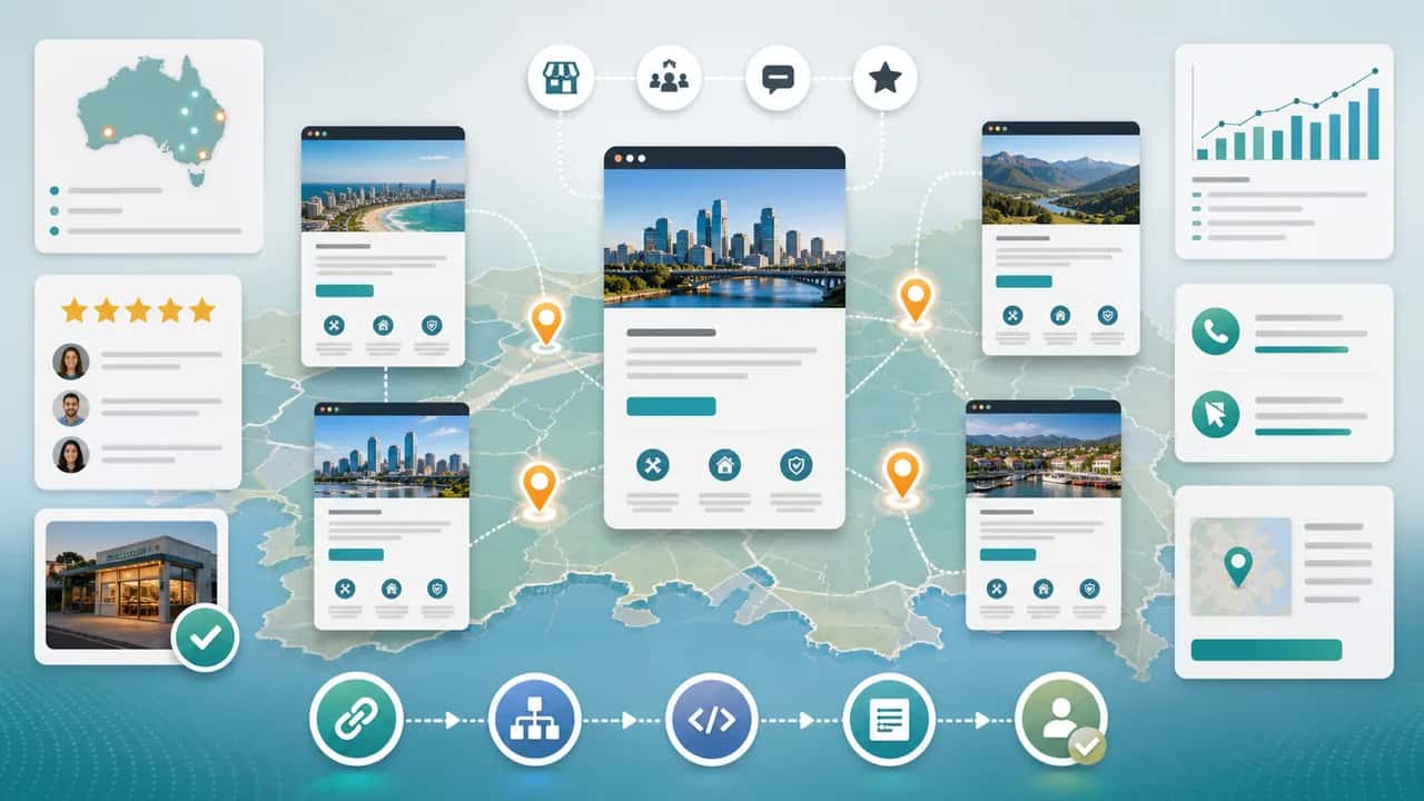 City and service-area landing pages connected to a regional map, local proof cards, internal links, and schema nodes