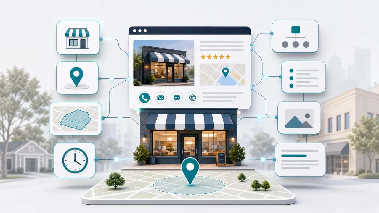 Storefront and local business website surrounded by map, contact, service area, and structured data nodes