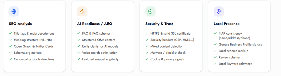 VisRank four audit categories: SEO Analysis, AI Readiness, Security and Trust, Local Presence with check items listed
