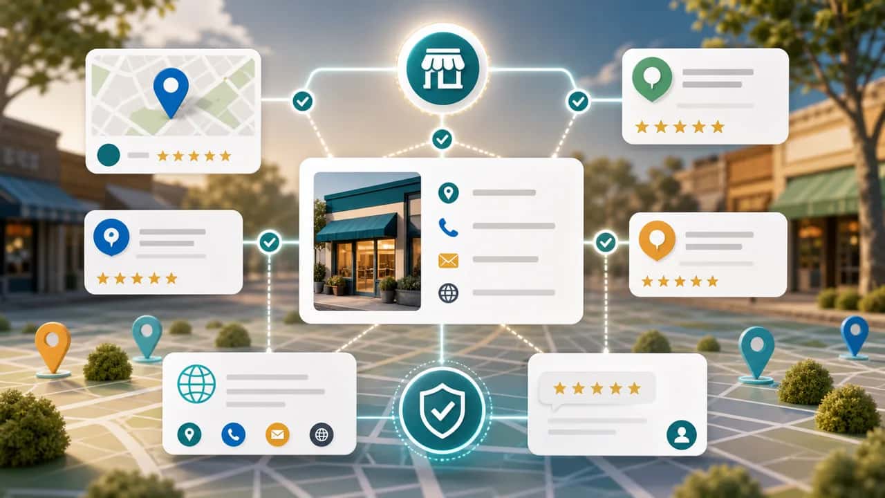 Local business identity card connected to map pins, directory cards, contact details, and review signals