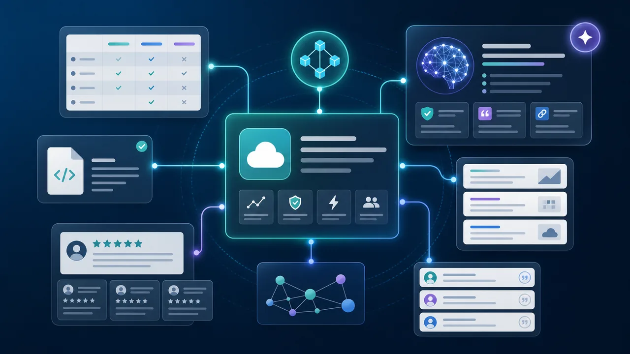 SaaS product entity knowledge graph connected to comparisons, documentation, schema, reviews, citations, and AI answers