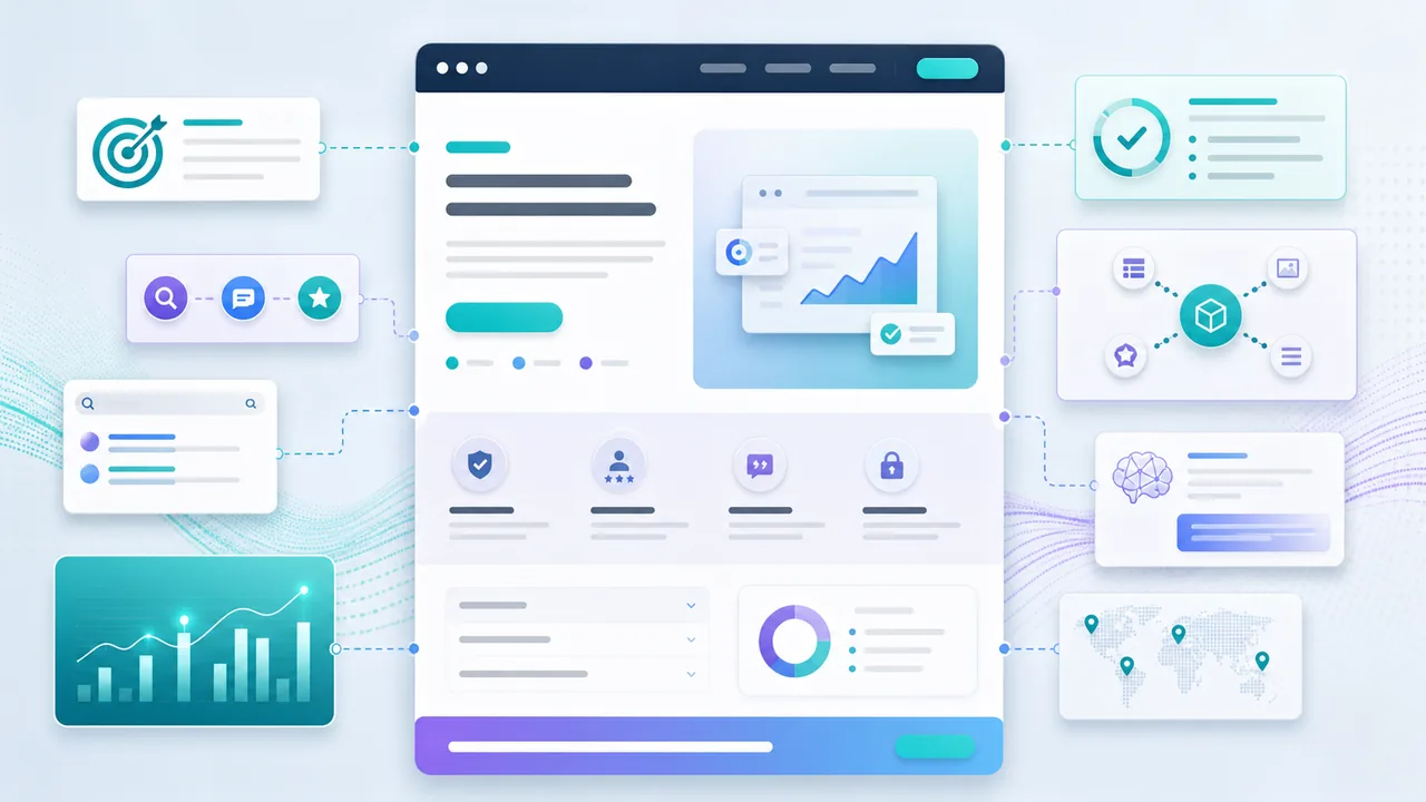SaaS landing page wireframe with positioning blocks, proof signals, schema nodes, answer sections, and CTA path