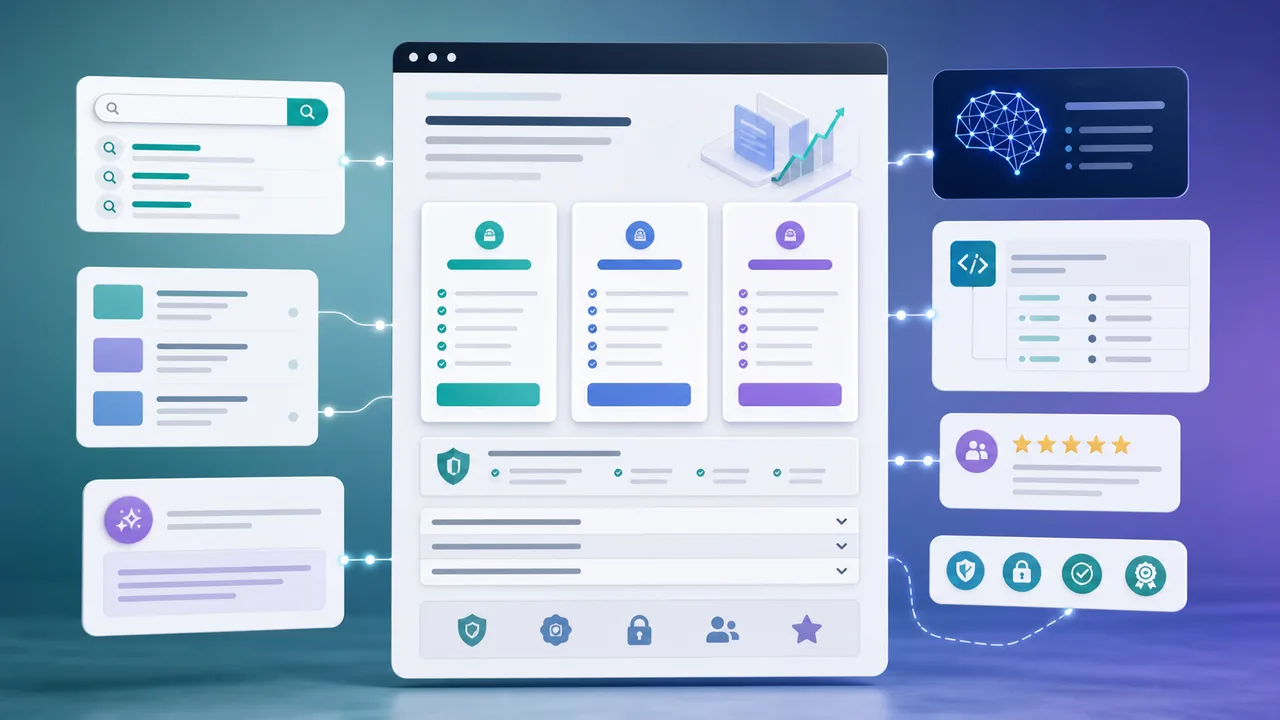 SaaS pricing page layout with plan cards, offer schema signals, FAQ blocks, trust proof, and buyer intent signals