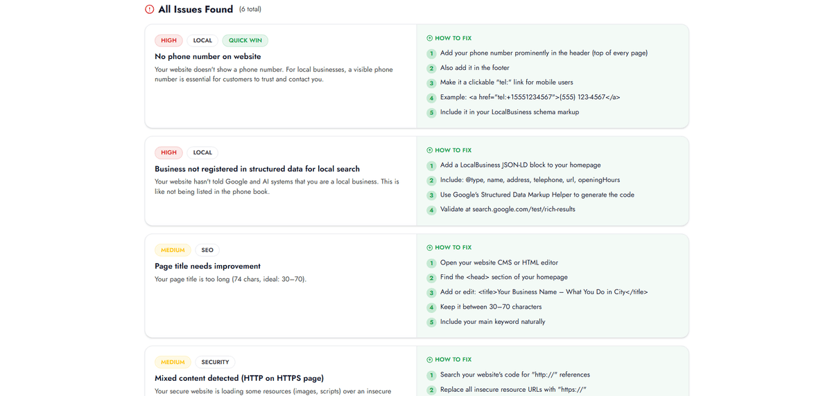 VisRank SEO report issues list with severity badges and step-by-step how to fix instructions