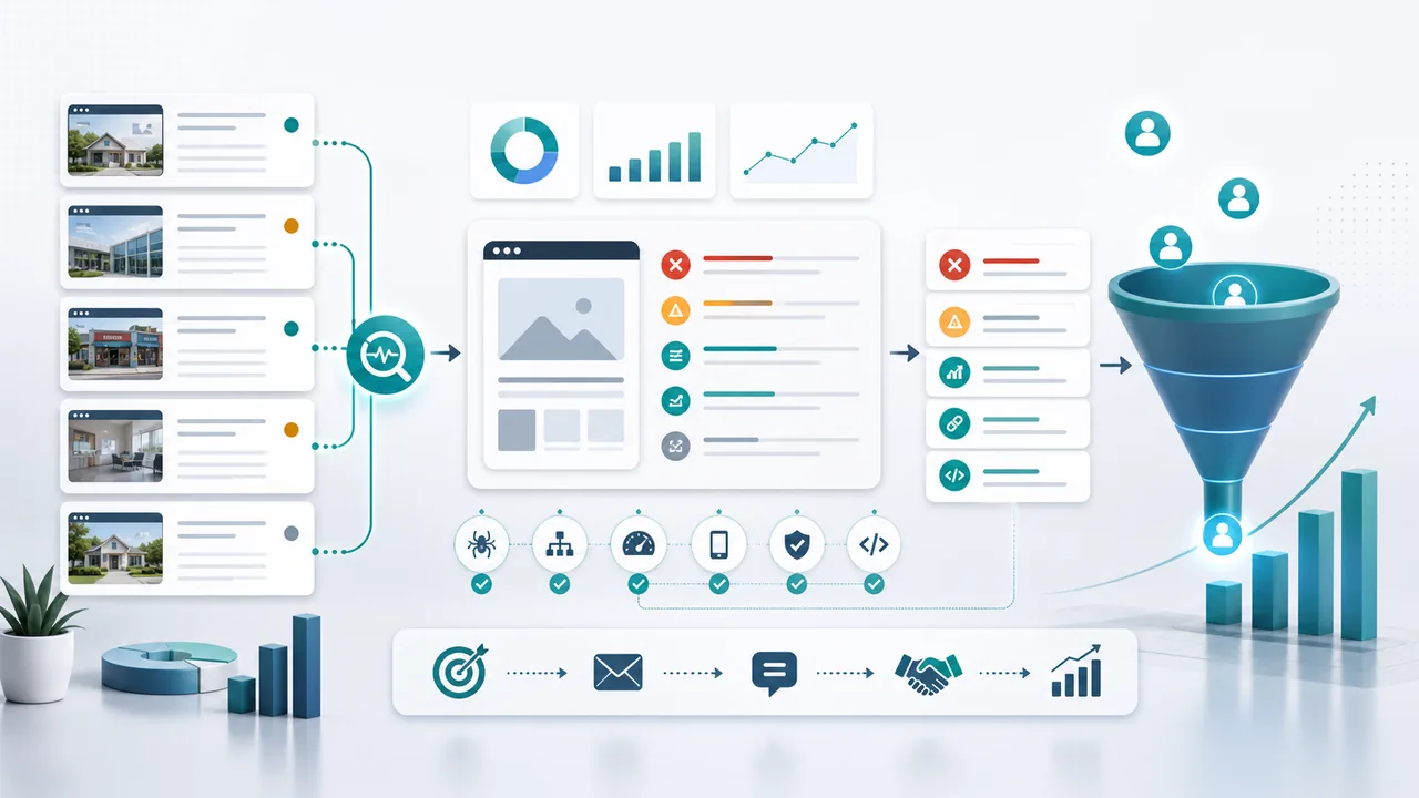 Agency prospecting workspace with website cards, audit findings, opportunity signals, and a growth funnel