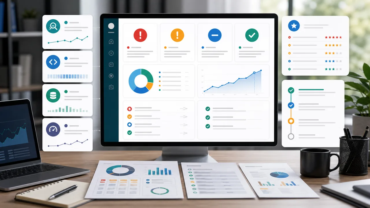 Client SEO audit report dashboard with issue severity cards, evidence snapshots, priority markers, and workflow modules