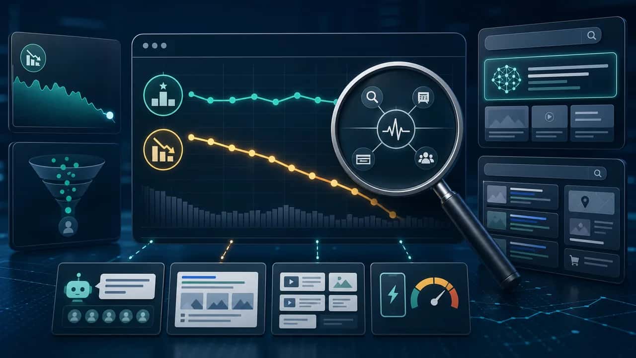 SEO traffic diagnostics command center with a declining traffic stream, stable ranking markers, and SERP change panels