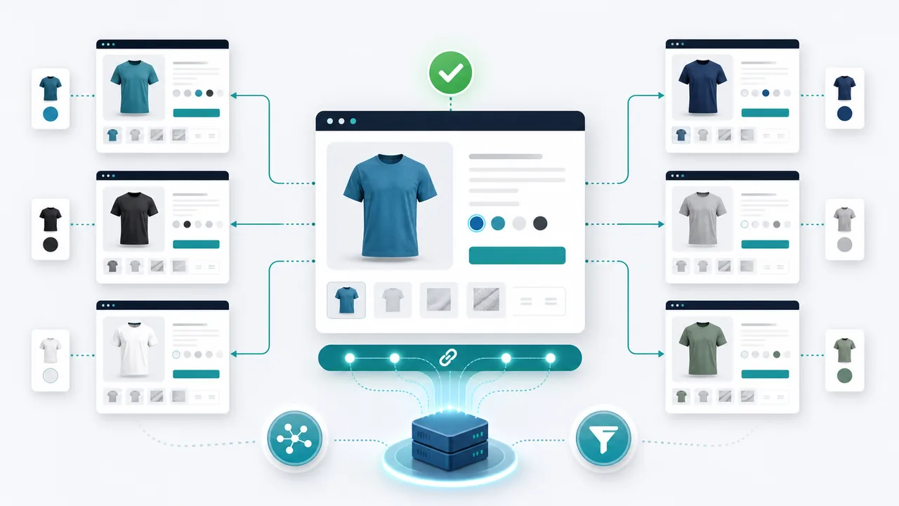 Ecommerce variant product pages converging into one canonical page through URL paths and product signals