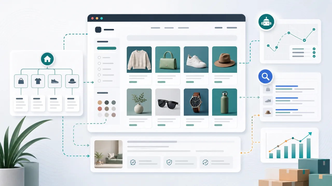 Ecommerce collection page grid with product cards, filters, crawl paths, category content, and search visibility signals