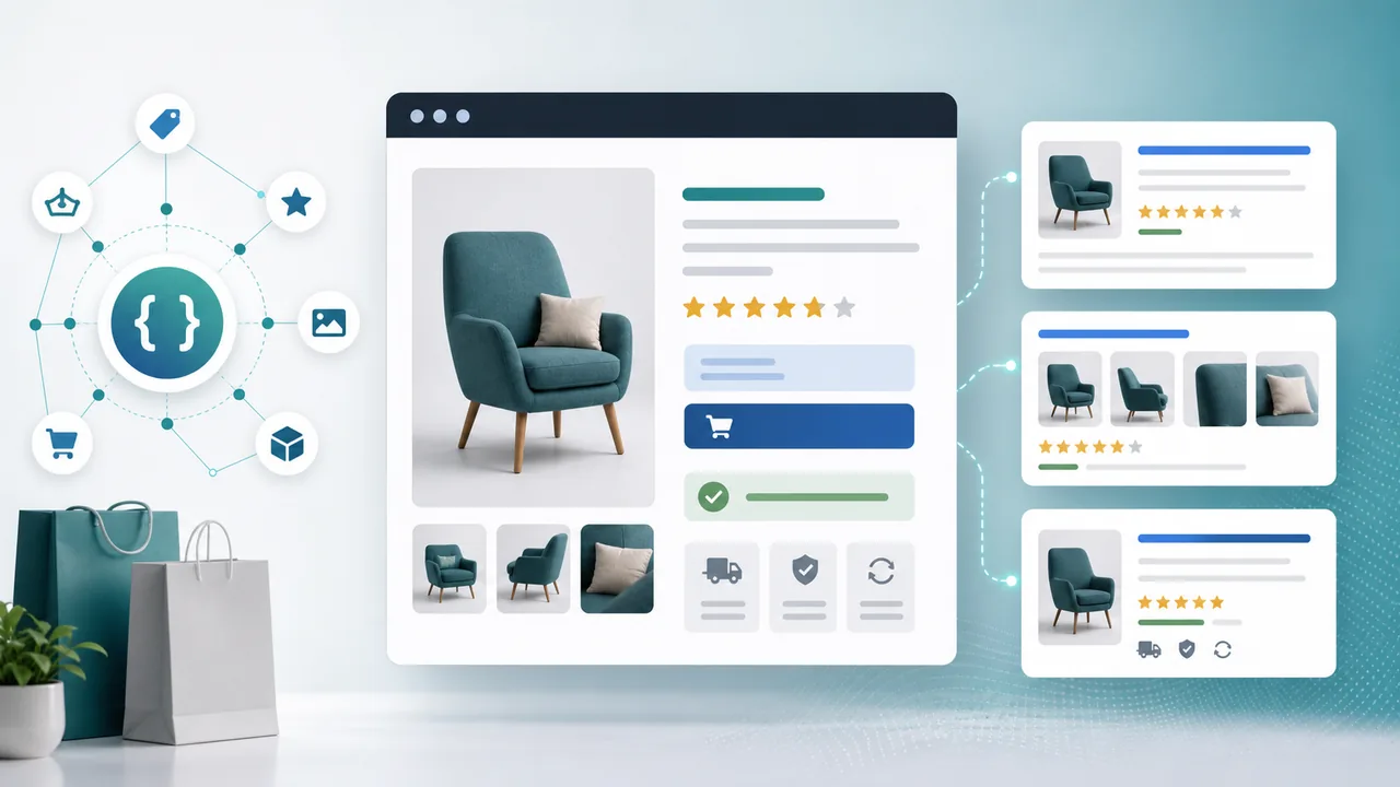 Ecommerce product page with product blocks, availability signals, review shapes, schema nodes, and rich result cards