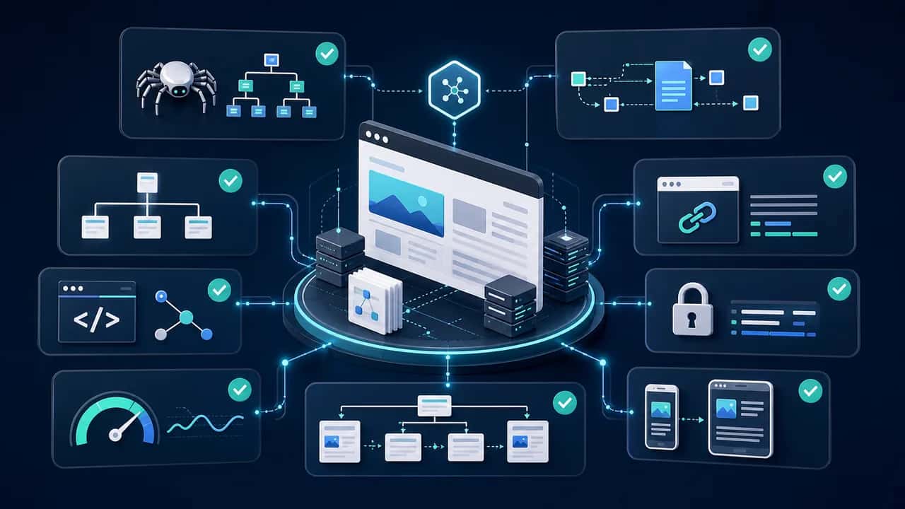 Technical SEO system with crawl paths, sitemap, canonicals, schema, performance, security, and mobile checkpoints