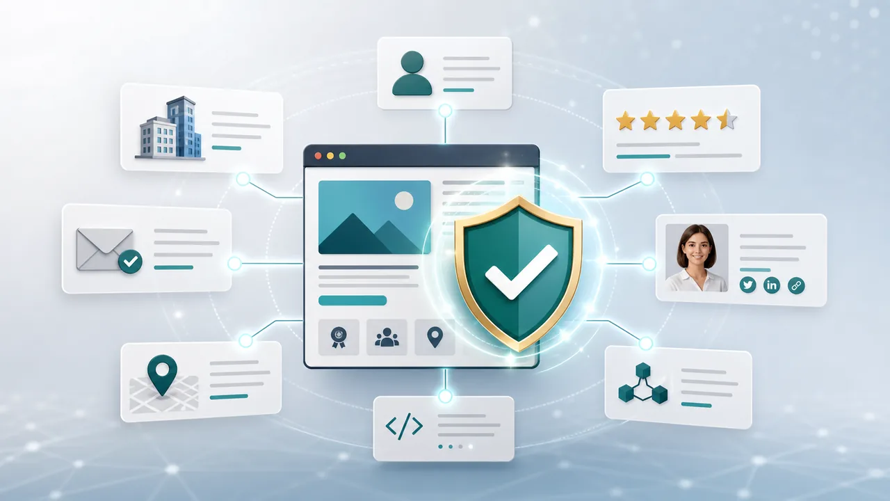 Organization identity graph with about page, contact proof, author profile, reviews, schema nodes, and verification shield