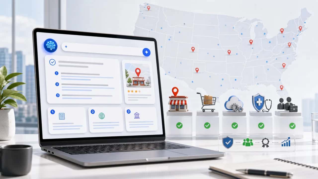 U.S. AEO workspace with an AI answer interface, cited sources, local business signals, and a state map