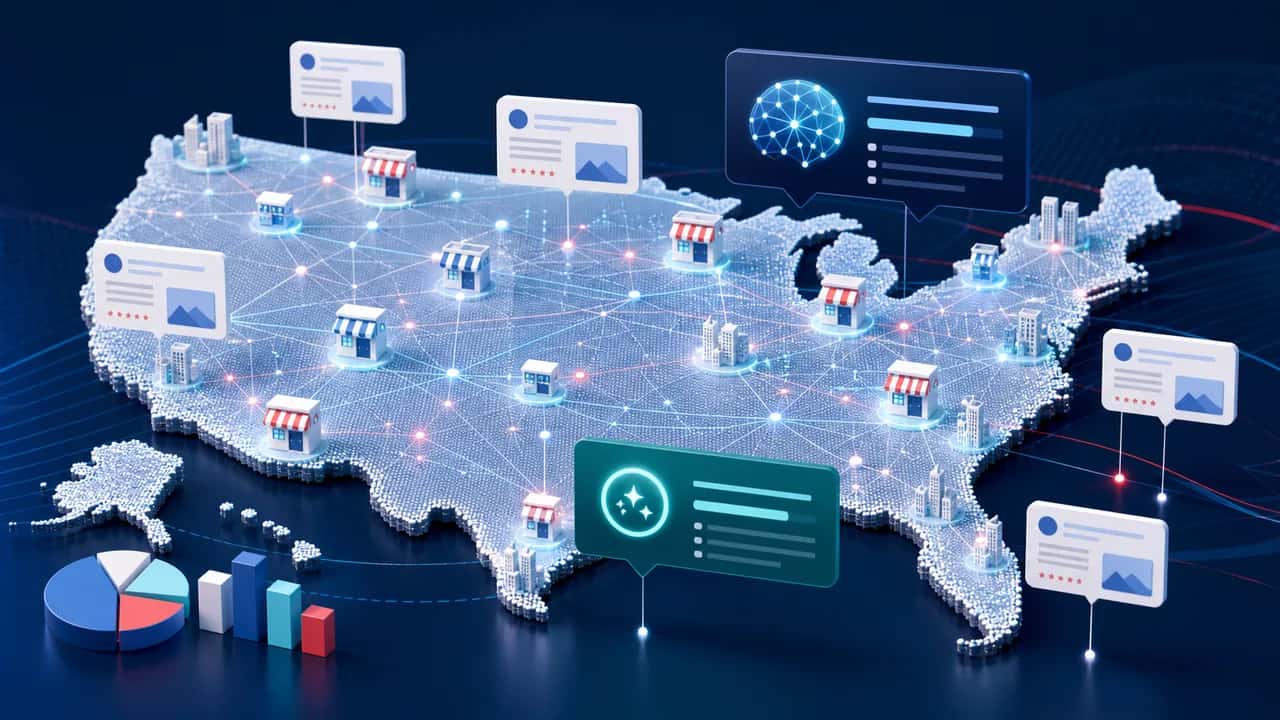 Abstract United States business map with local search cards, AI answer panels, and connected AEO signals