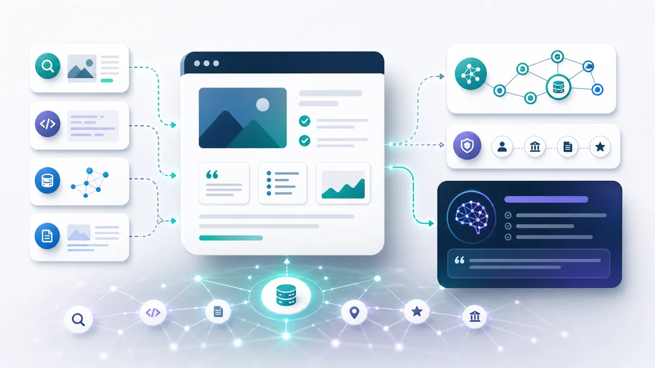 Website content page transformed into answer blocks, structured data nodes, entity proof, and an AI answer panel
