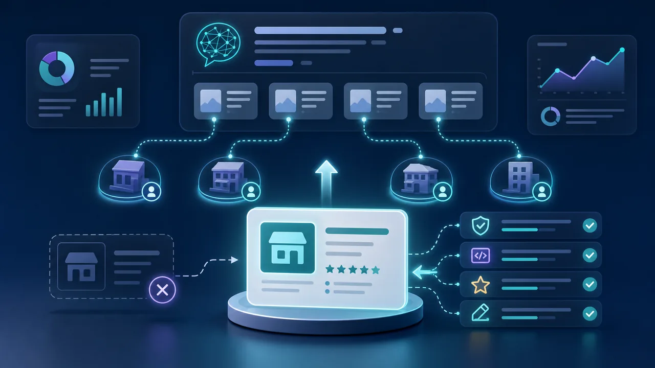 AI answer recommendation surface with business entity cards, trust signals, schema, reviews, and content connections
