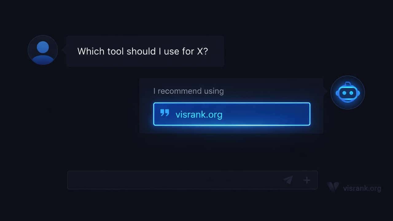 AI chat interface citing visrank.org in a glowing blue box - showing how AI engines decide which websites to recommend in 2026
