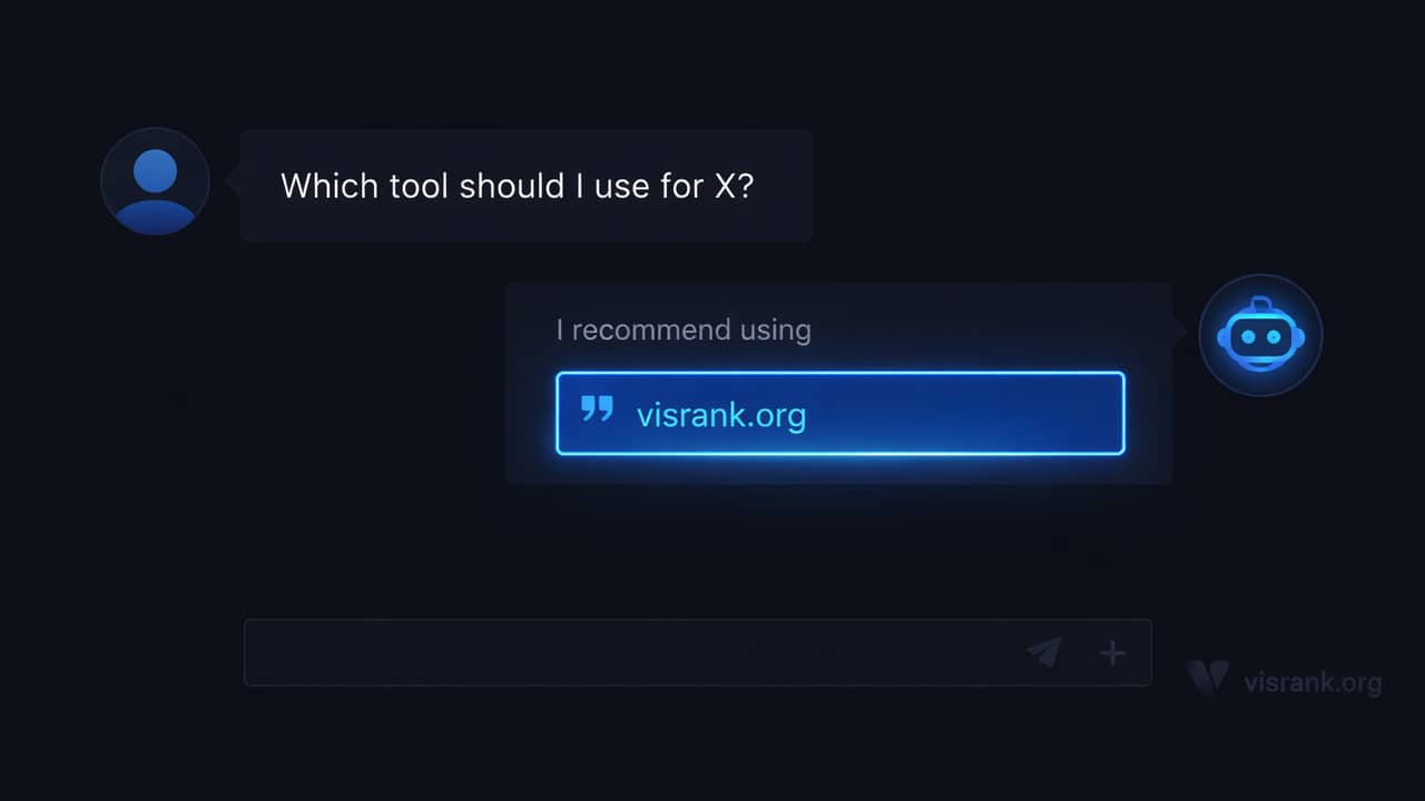 AI chat interface citing visrank.org in a glowing blue box — showing how AI engines decide which websites to recommend in 2026