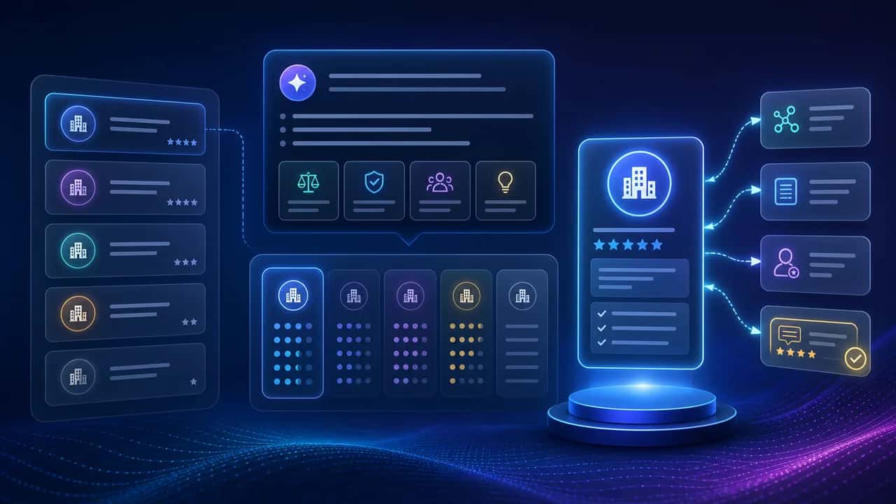 AI source comparison dashboard showing anonymous competitor cards and strengthened entity proof signals