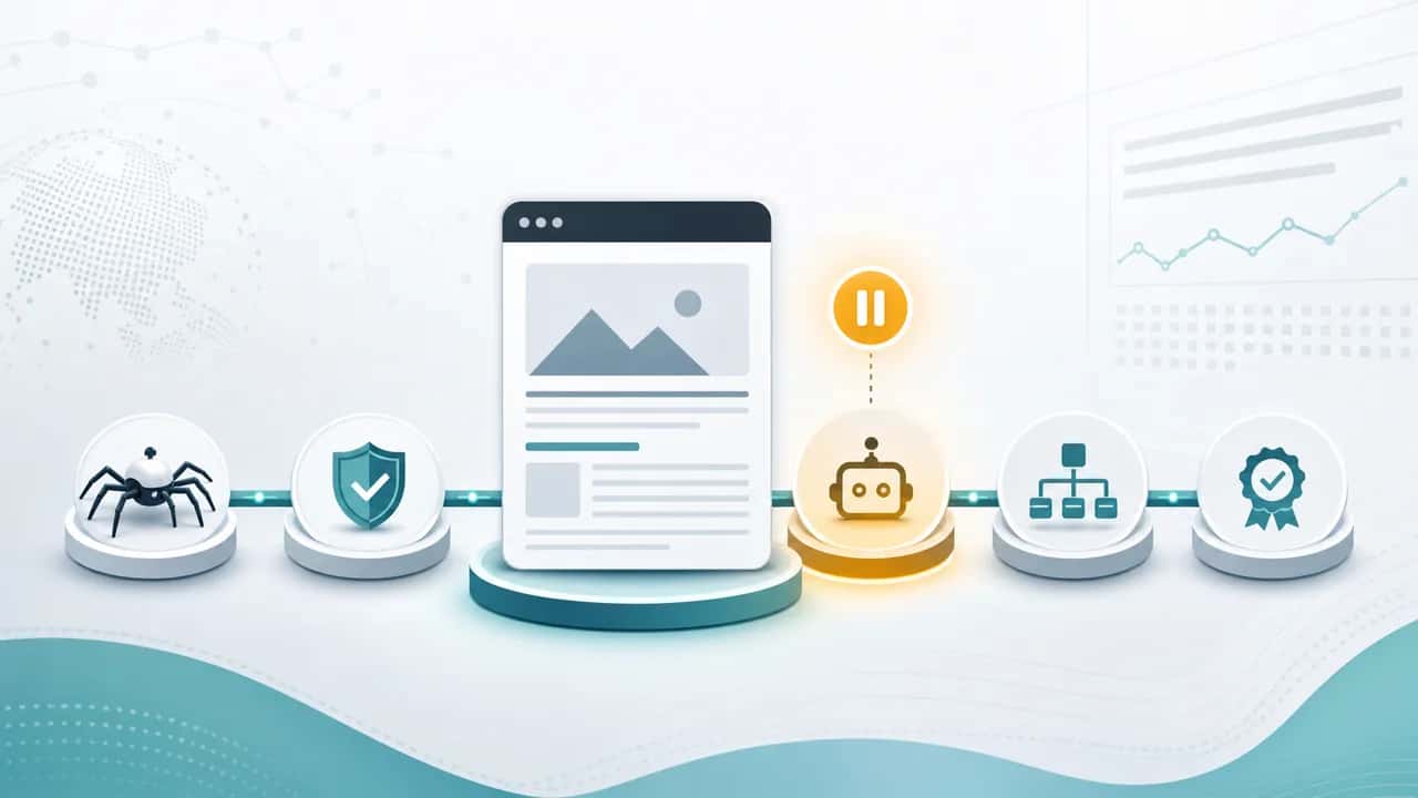 Website page moving through an indexing pipeline with crawl, canonical, robots, sitemap, and quality checkpoints