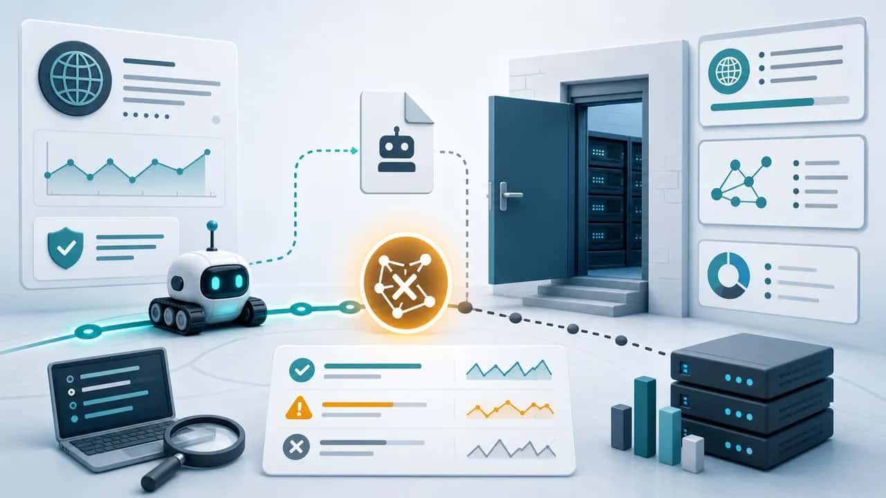 Robots.txt diagnostics scene with a crawler path, server doorway, network warning, and technical audit panels