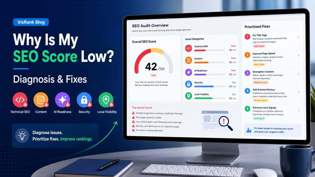 VisRank Blog cover showing a low SEO score dashboard with issue categories and prioritized fixes
