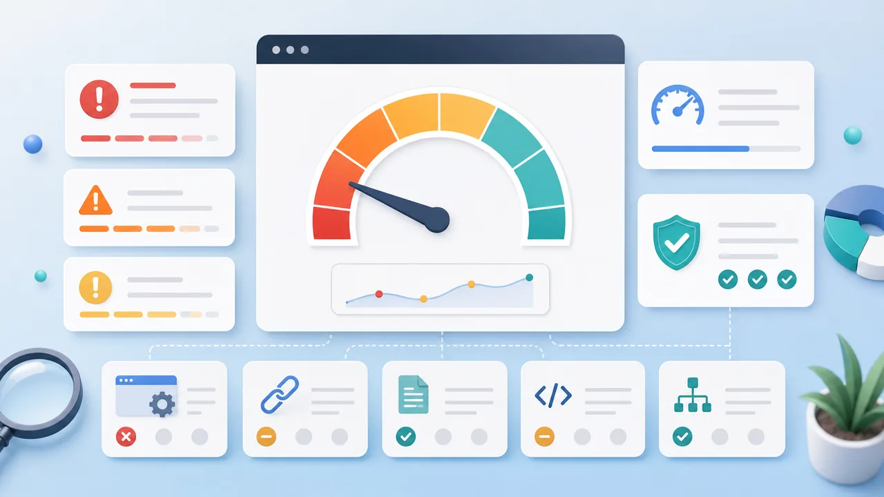 SEO audit report interface with issue cards, technical checks, trust signals, schema checks, and an abstract score gauge