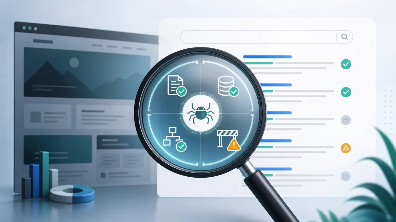Search visibility diagnostic screen with an audit lens highlighting crawlability and indexing blockers