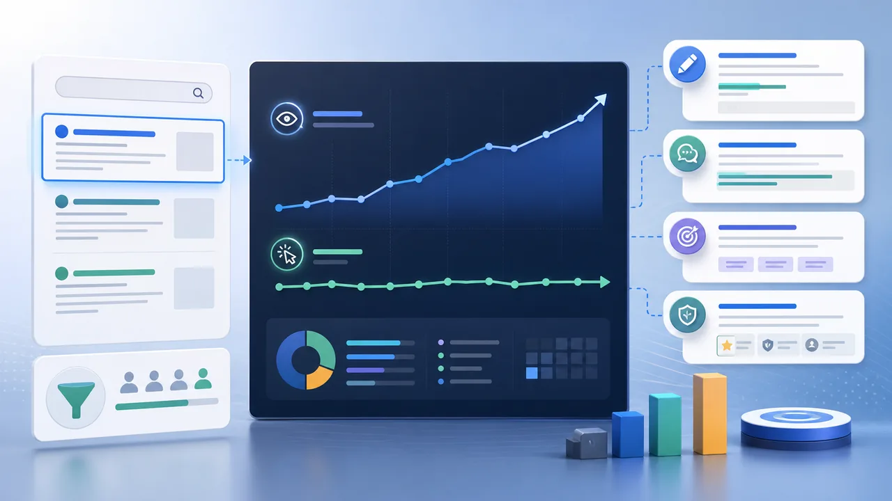 Analytics dashboard showing rising visibility and flat click activity with search preview optimization cards
