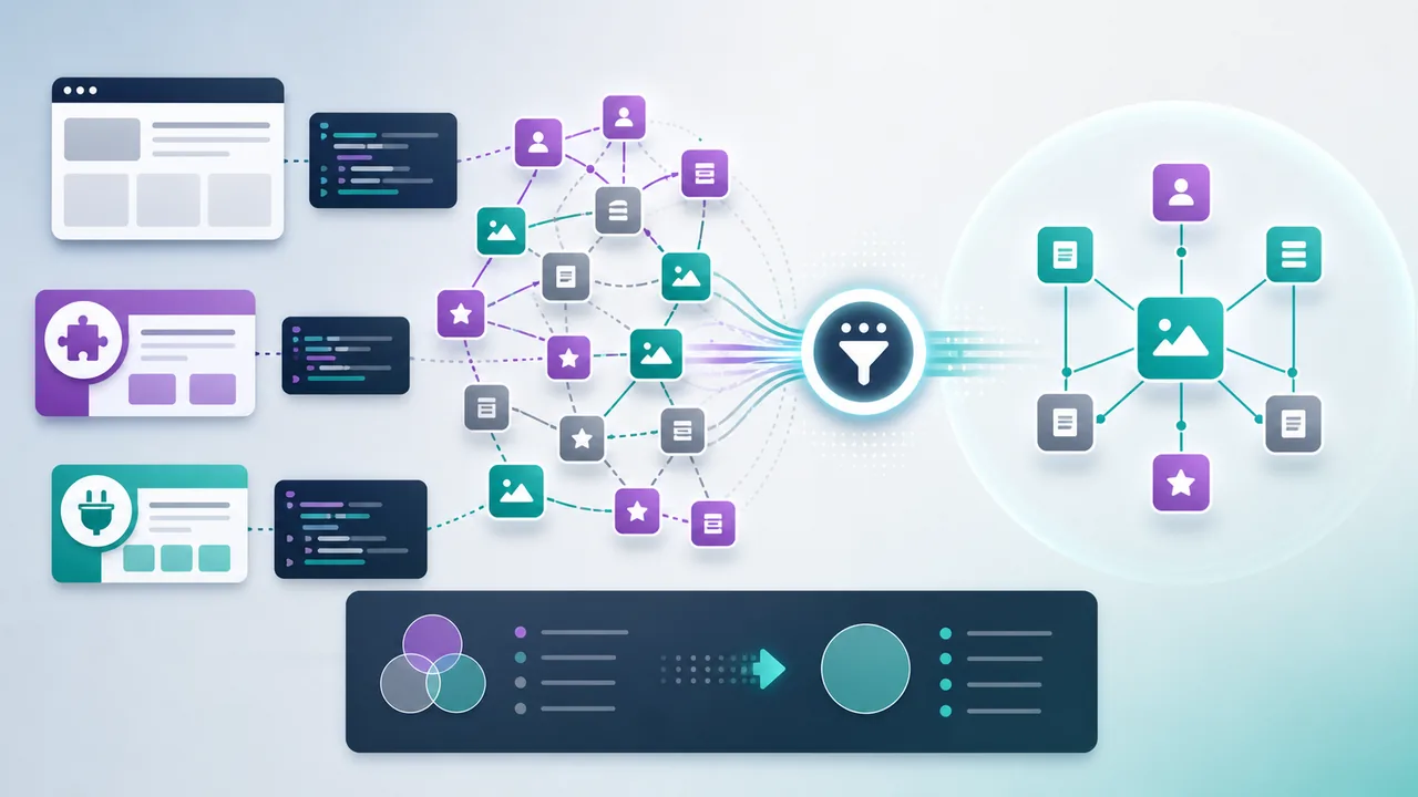 Overlapping structured data blocks and plugin modules merging into one clean schema graph