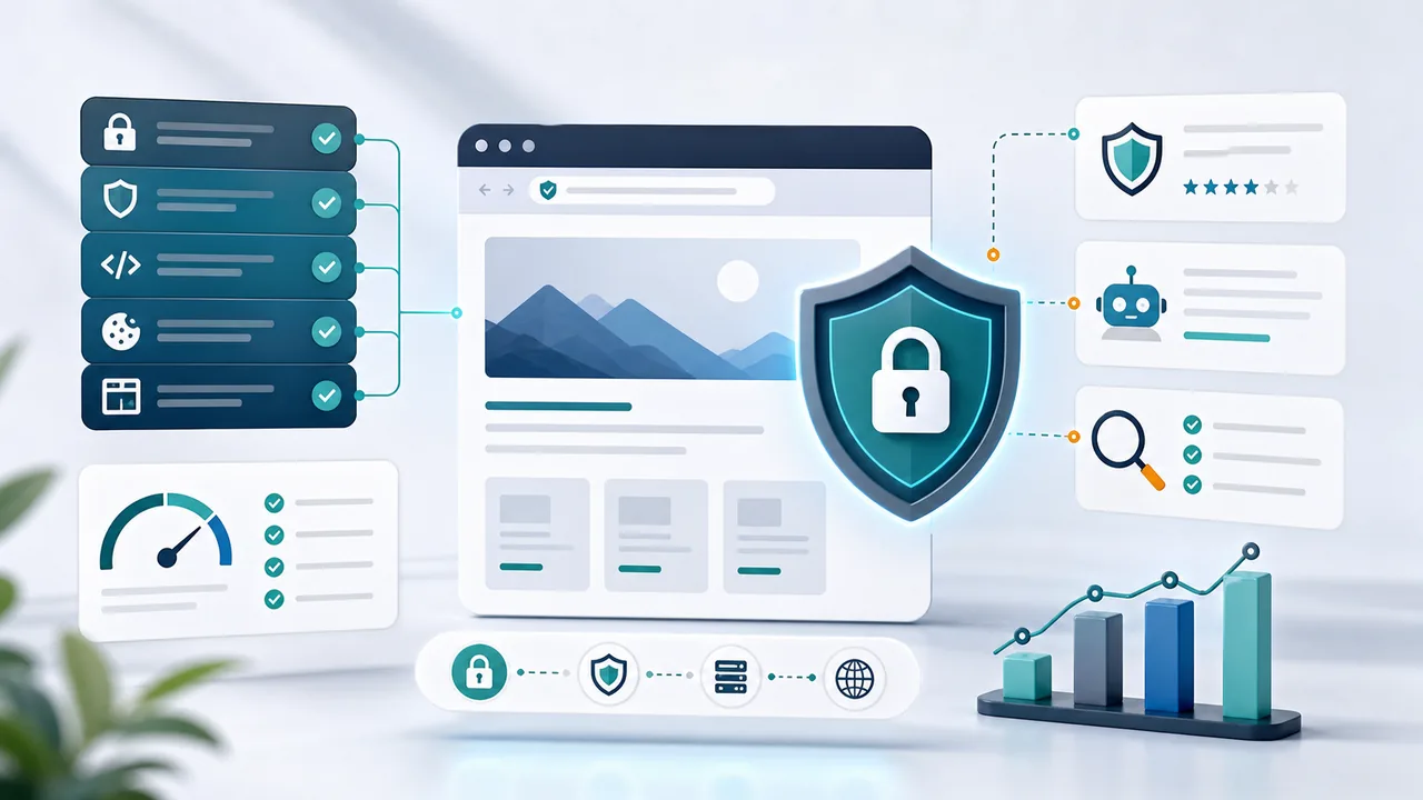 Website protected by browser security header layers, trust verification, HTTPS, and technical SEO checks
