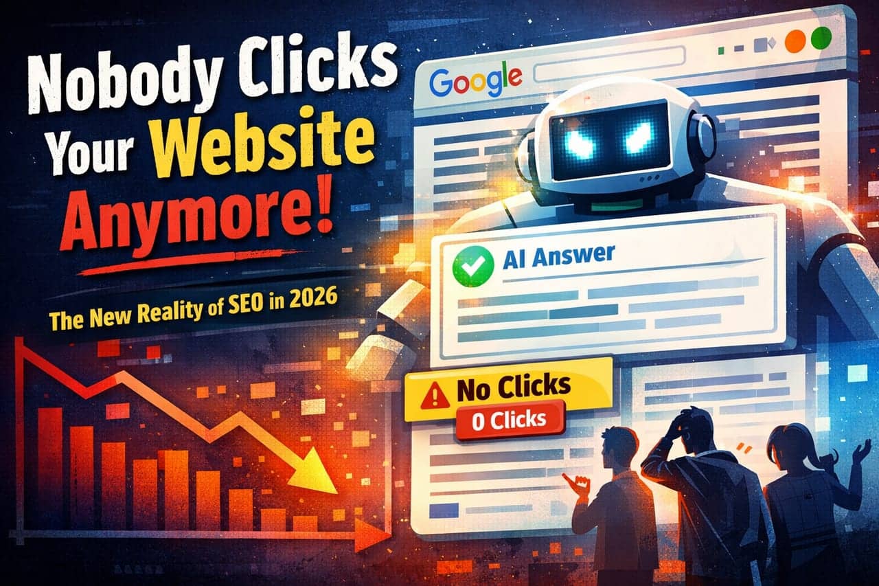 AI robot answering search results while website traffic drops to zero clicks, illustrating zero-click SEO and AI search changes in 2026