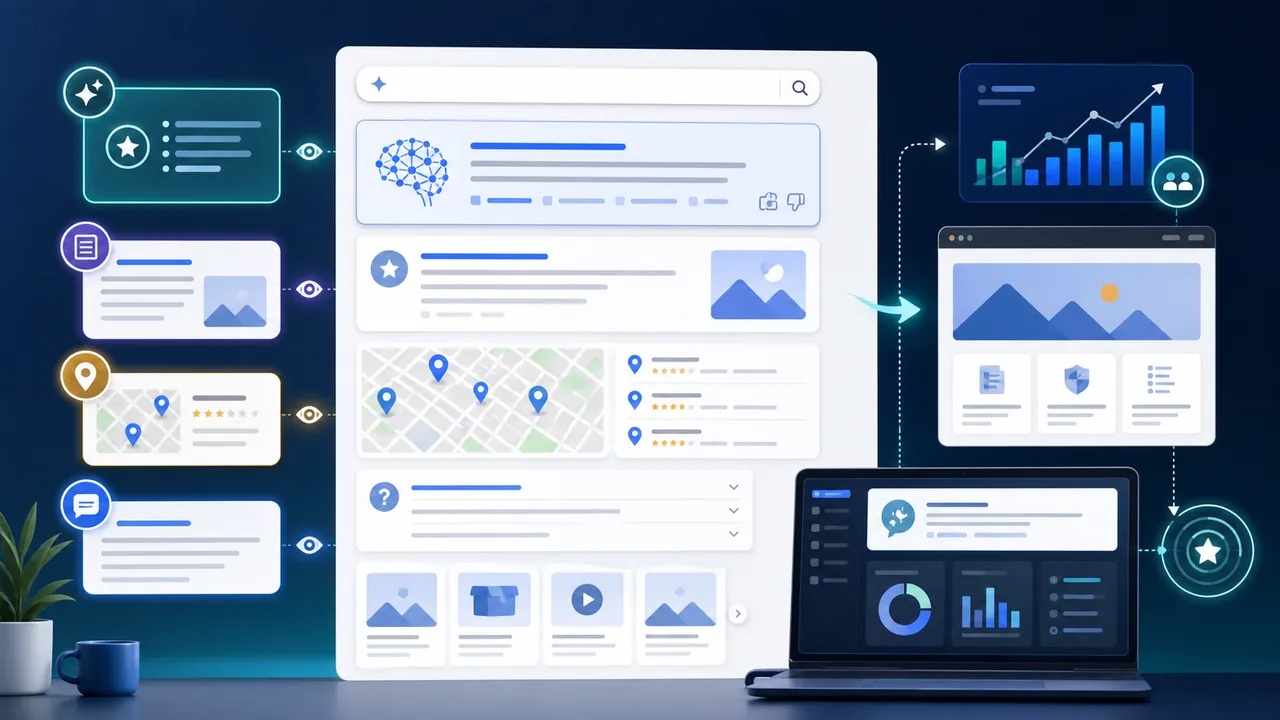 Search results interface with AI answers, snippets, maps, and website optimization cards for zero-click SEO